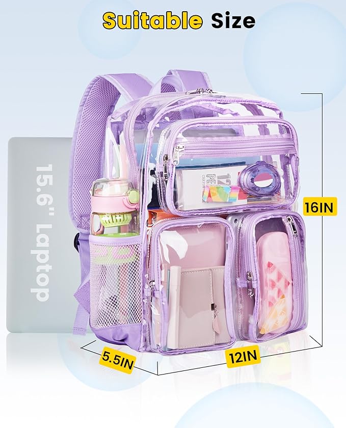 Vorspack Clear Backpack for School - Heavy Duty See Through Bookbag for Girls Boys Large Transparent Backpacks for Work, Travel, Festival - Purple