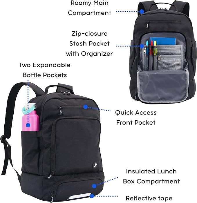 J World New York 2-in-1 Insulated Backpack Lunch Box for Kids. Adult School Bookbag, Black
