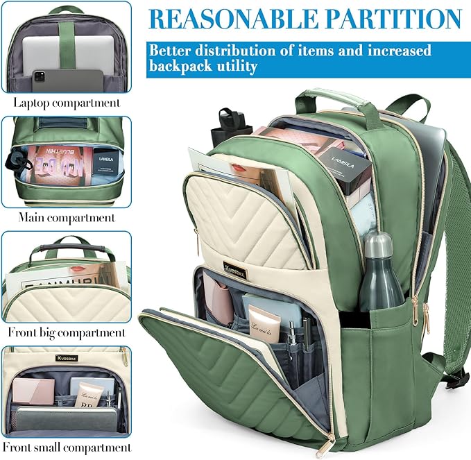 Travel Laptop Backpack for Women Men, 15.6 Inch Quilted Work Backpack Purse, School Backpack for Teens Girls Boys, Large Teacher Student Bookbags, Casual Daypacks, Beige & Green