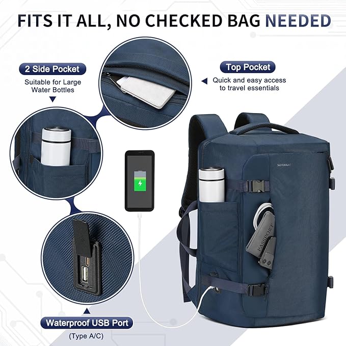 40L Travel Backpack, TSA Friendly Flight Approved Carry on Backpack for Men Women, Fits 17.3 Inch Laptop with USB-A&C Ports, Weekender Bag, Blue