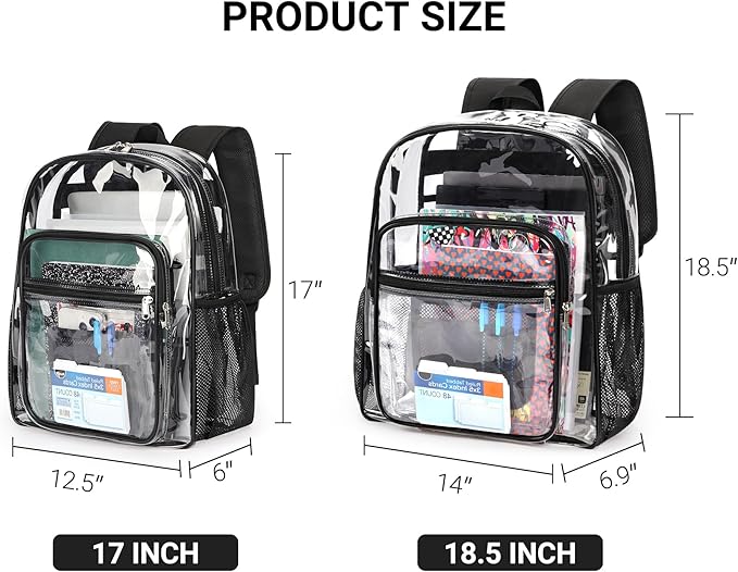 ZORFIN Clear Backpack Heavy Duty for School – 18in Transparent PVC Bag with Large Capacity & Reinforced Straps for Men, Women, Boys & Girls - See Through Bookbag for College Workplace Security, Black