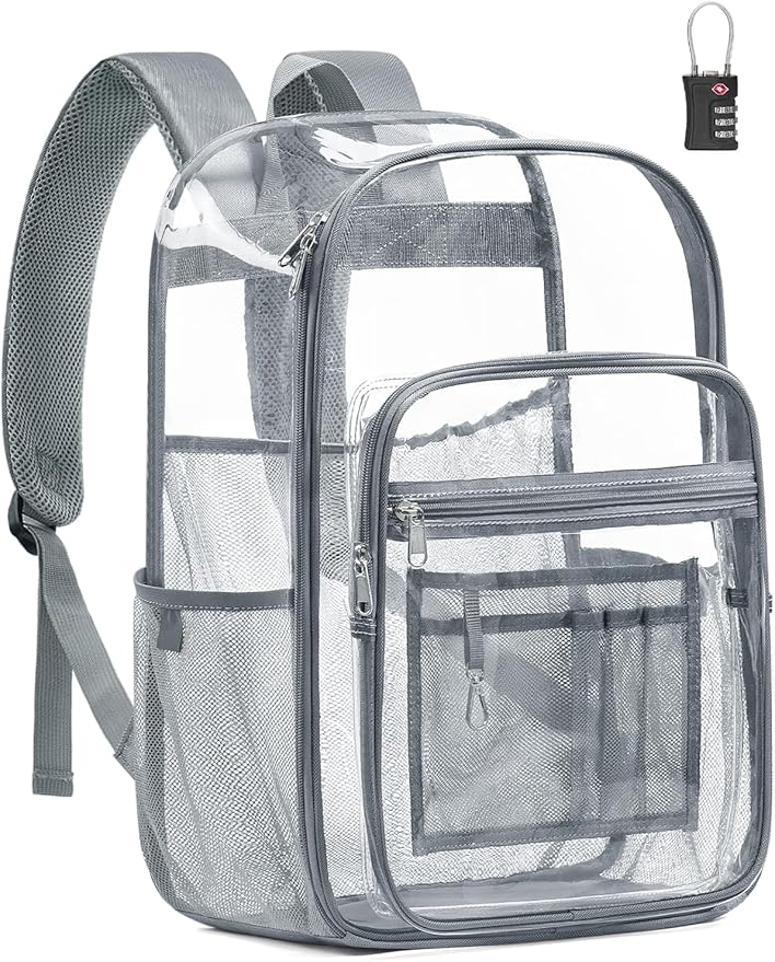 Extra Large Clear Backpack with TSA Lock, Heavy Duty Transparent See Through Clear Bookbag for College, Work, Travel, Casual Sport, Grey
