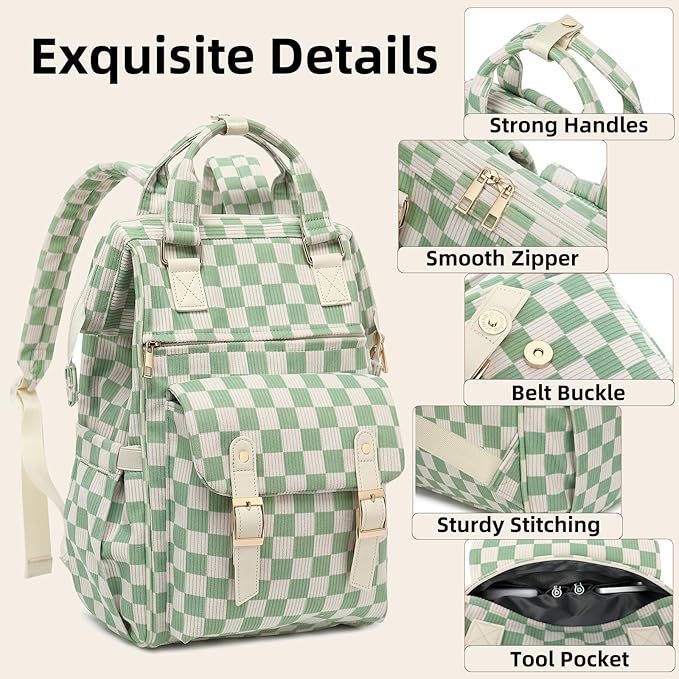 Corduroy Laptop Backpack for Women 15.6 Inch Stylish College School Bookbag, Business Work & Travel Computer Backpacks (Checkered Green)