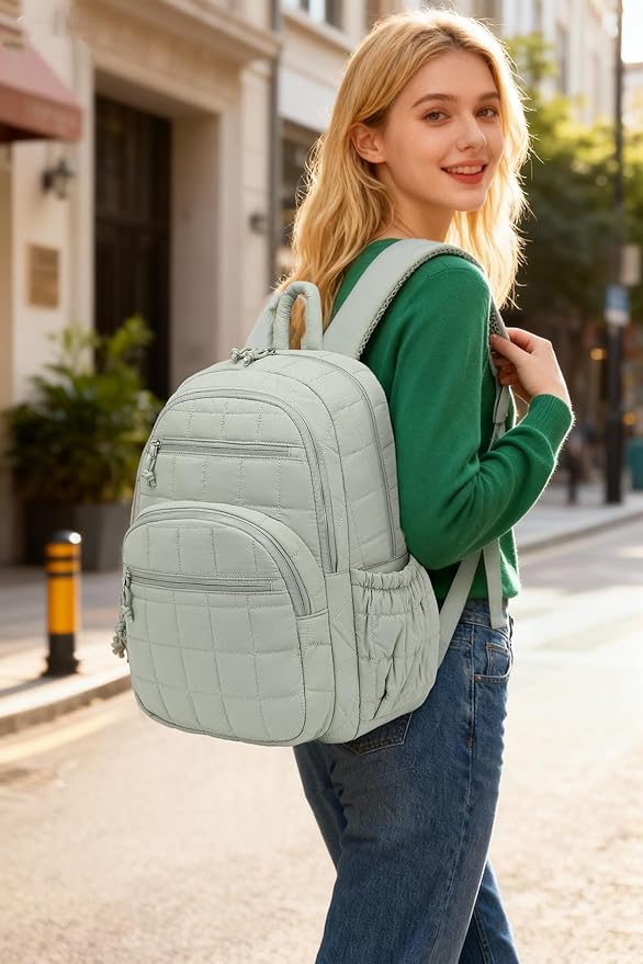 Bookbag for Women, Teen Girls Backpack for High School College Student, Puffer Quilted Back Pack Cute Laptop Backpack for Work Travel Mom Casual Daypack, Green