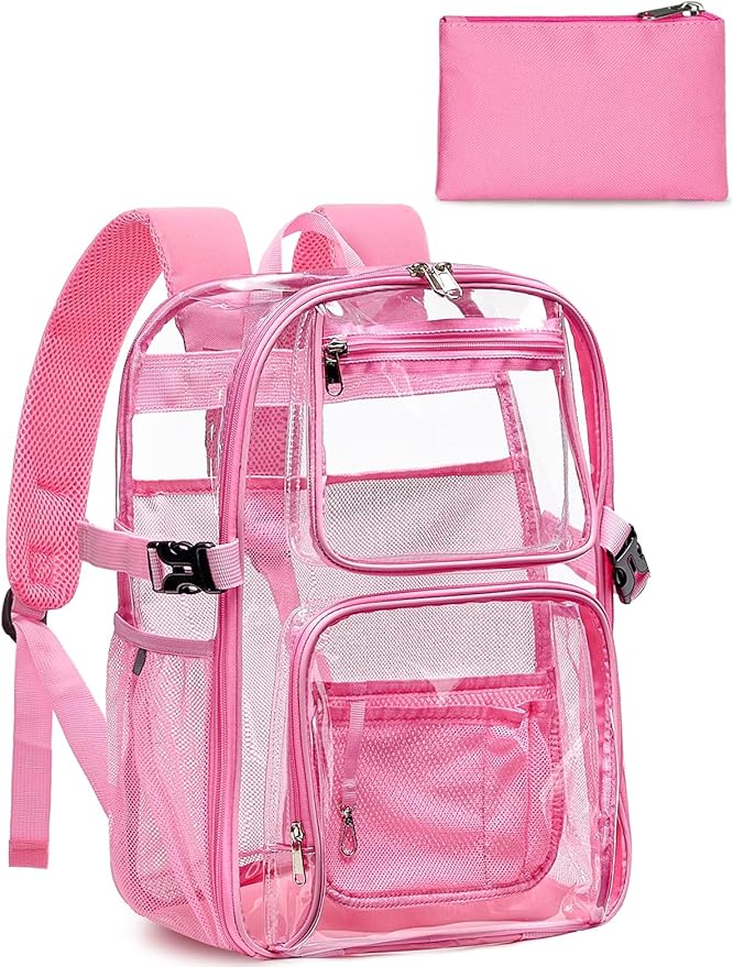 Clear Backpack Heavy Duty, Large TPU Clear Bookbag for Boys Girls Adult, See Through Transparent Back Pack with Multiple Pockets for College Work Casual Security,Pink