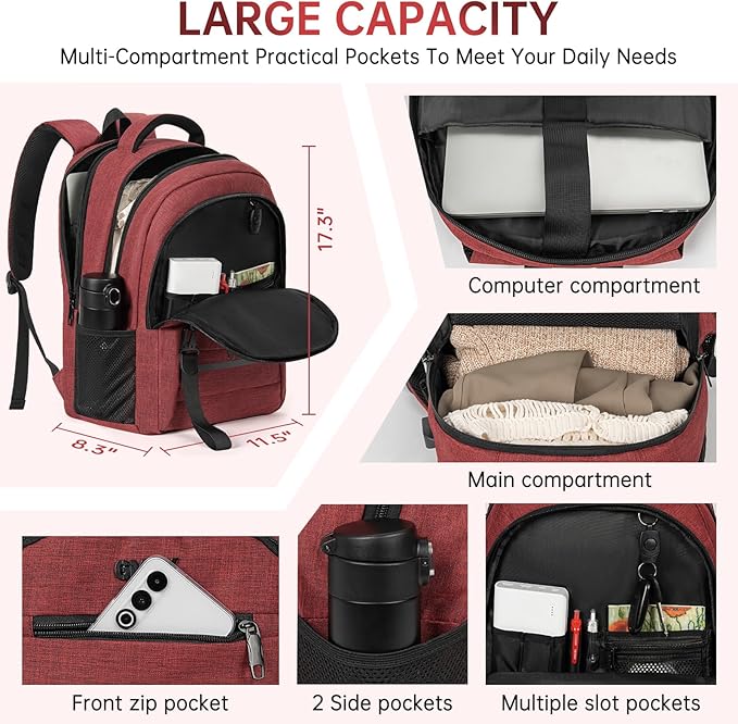 GMAK Travel Laptop Backpack for Men & Women, Business Anti Theft Laptops Backpacks with USB Charging Port, Fits 15.6 Inch Notebook, Water Resistant College School Computer Bag for Travel Sports, Red