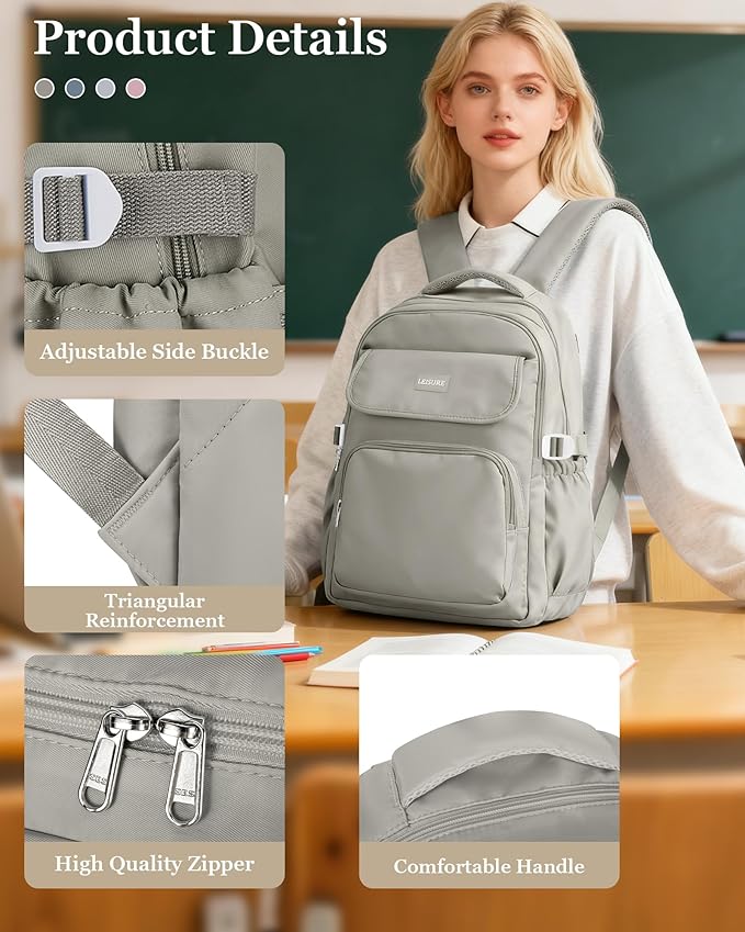 Cute Middle School Backpack For Teen Girls,Waterproof Casual Bookbags,Lightweight Travel Daypack,Basic Laptop College Backpack For Women(grey brown）