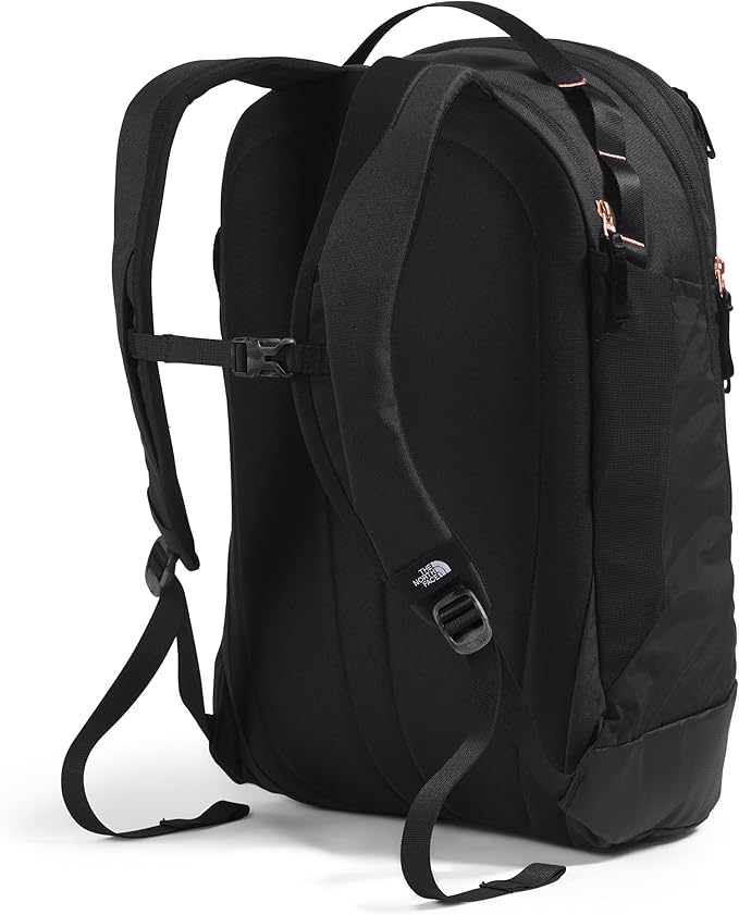 The North Face Women's Isabella Transit Backpack | Commuter Travel Bag with 16" Laptop Sleeve, Water-Repellent Finish, Women-Specific Fit, TNF Black Light Heather/Burnt Coral Metallic-NPF, One Size