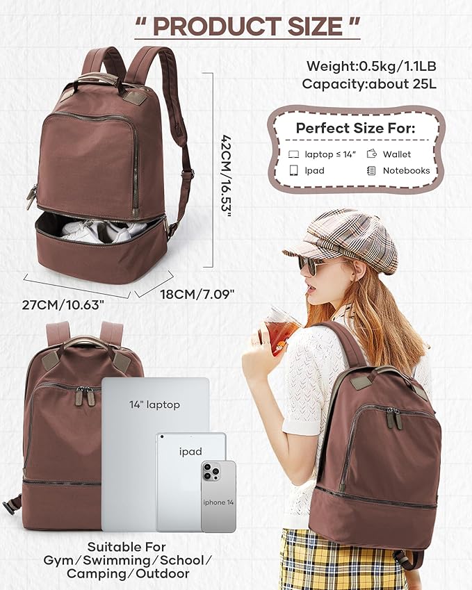 BJLFS Gym Backpack for Women Men with Expandable Shoe Compartment, Mini Foldable Outdoor Weekender Hiking Bag Sports Backpack for Swimming Fitness Yoga Dancing, Blue Brown
