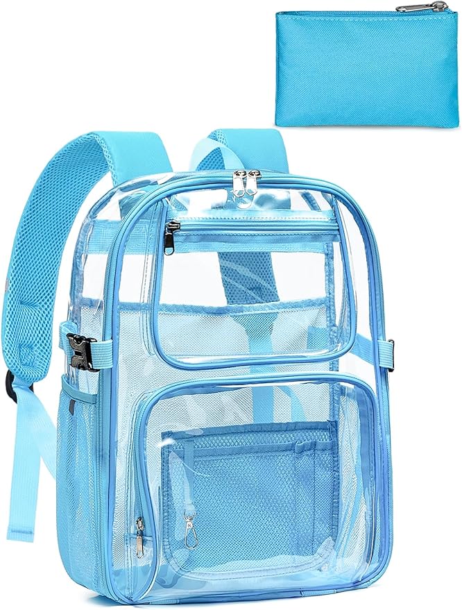 Clear Backpack Heavy Duty, Large TPU Clear Bookbag for Boys Girls Adult, See Through Transparent Back Pack with Multiple Pockets for College Work Casual Security,Light Blue