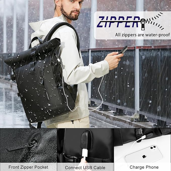 Rolltop Backpack, 15.6 Inch Waterproof Laptop Backpack with USB Charging Port, Expandable 18-27L Travel Backpack for Men Women, Casual Daypack for Work Business College-Black