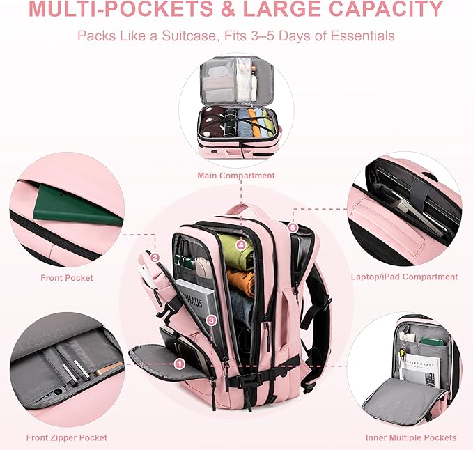 Carry On Travel Backpack, Expandable Extra Large Airline Approved,Lightweight Daypack for Men and Women（Pink）