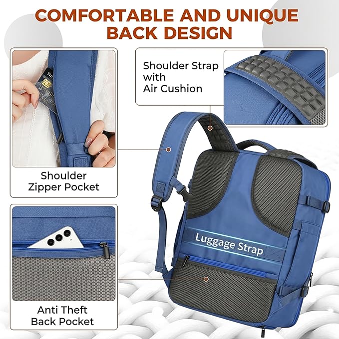 Vancropak 40L Carry On Travel Backpack, Flight Approved Expandable Weekender Bag with 3 Packing Cubes, Suitcase Backpack Fits 17" Laptop, Water Resistant Anti Theft Daypack Bag for Men Women, Blue