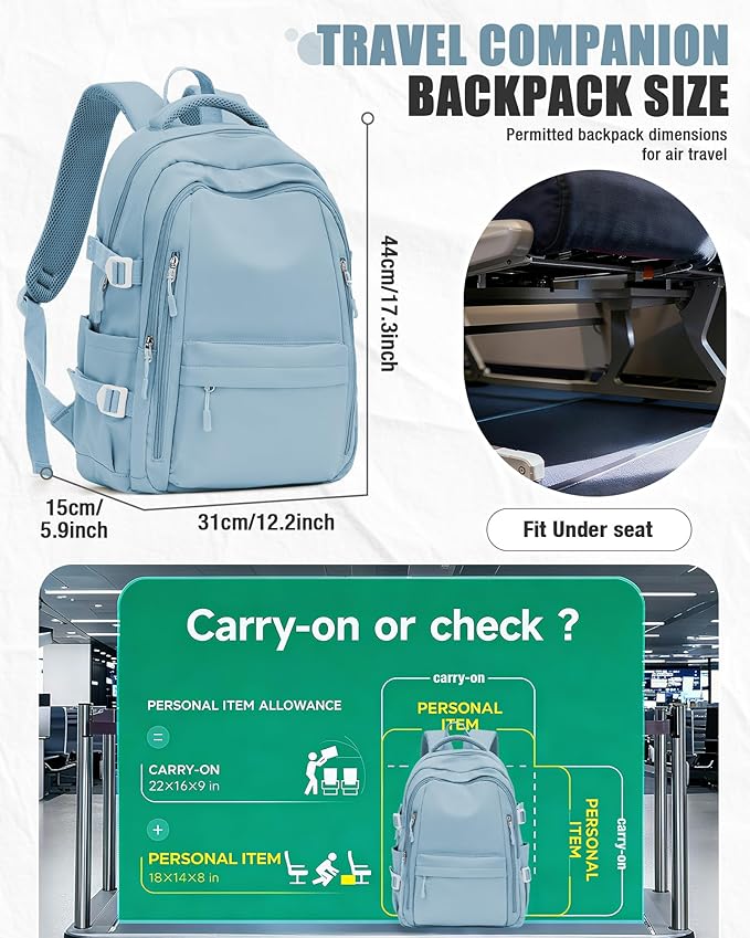 BOXSAM Lightweight Backpack for Women, Large Laptop Travel Backpack Casual Daypack Bag Rucksack for Men.Light Blue