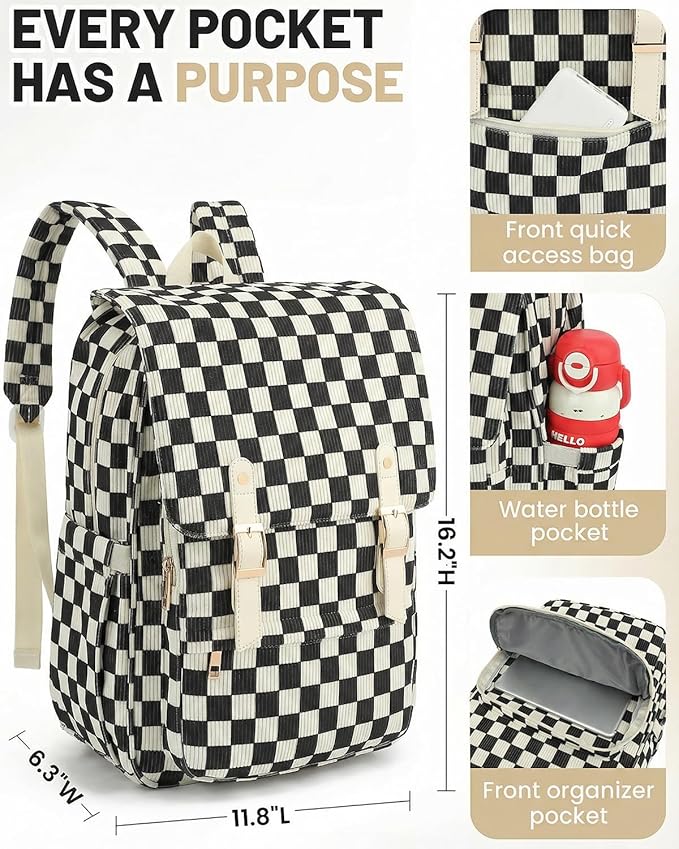Corduroy Laptop Backpack for Women, Fits 15.6 Inch Computer Bag, College High School Bookbag Travel Daypack Purse, Work Business Bags - Corduroy Checkered Black