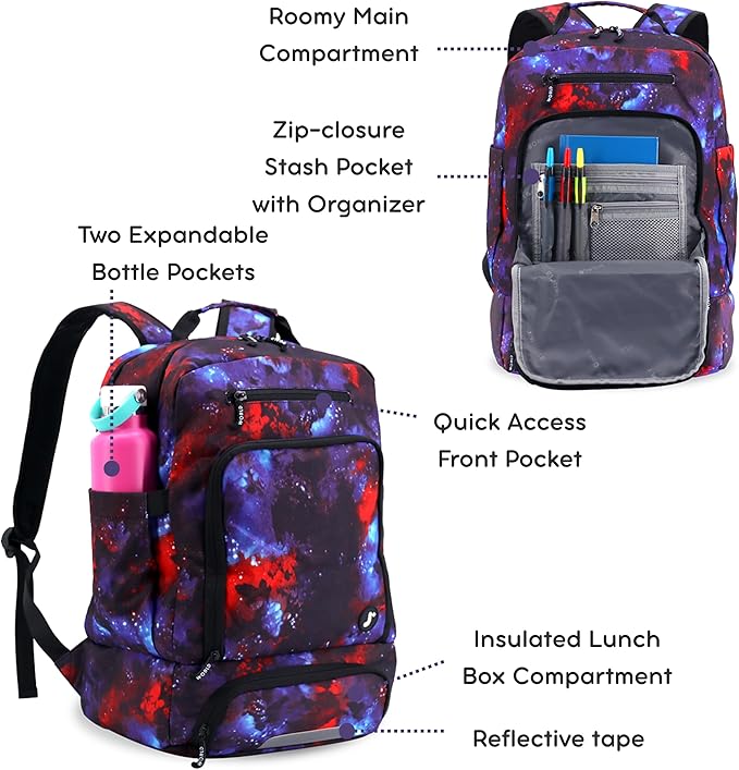 J World New York 2-in-1 Insulated Backpack Lunch Box for Kids. Adult School Bookbag, Galaxy