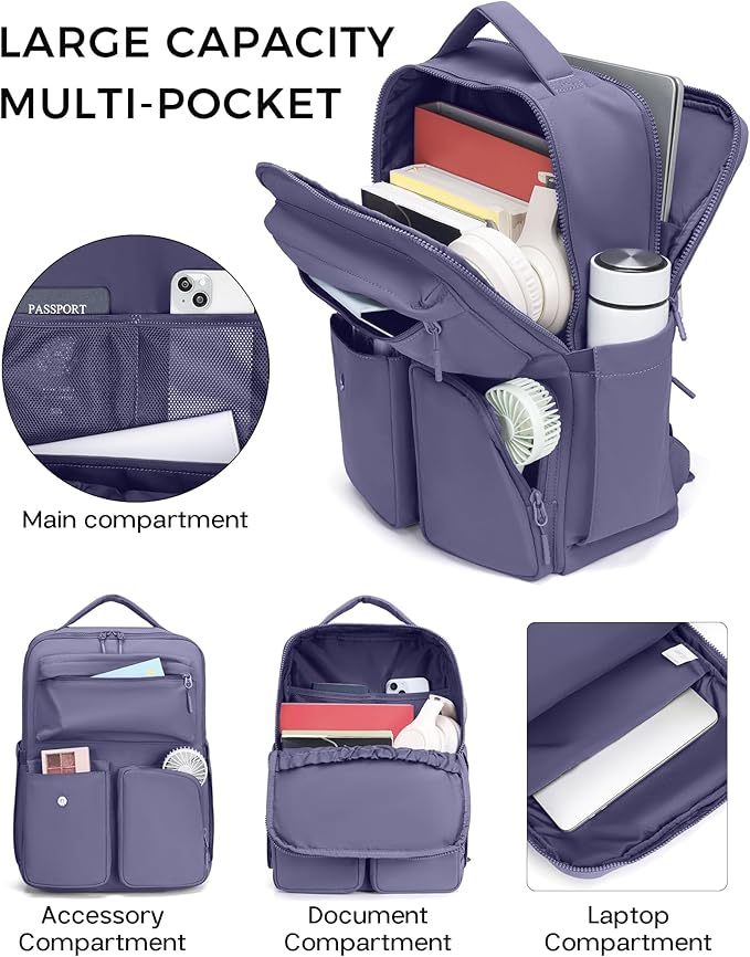 FODOKO Backpack for Work, Casual Backpack for Women Men Daypack Backpack for Travel College Bookbag Separate Compartment for 15.6 Inch Notebook Mistviolet