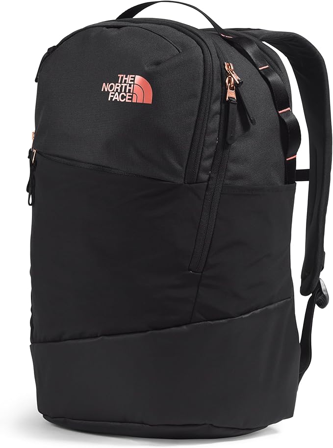 The North Face Women's Isabella Transit Backpack | Commuter Travel Bag with 16" Laptop Sleeve, Water-Repellent Finish, Women-Specific Fit, TNF Black Light Heather/Burnt Coral Metallic-NPF, One Size
