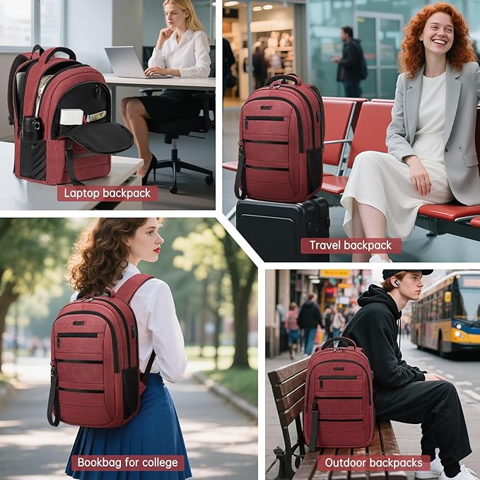 GMAK Travel Laptop Backpack for Men & Women, Business Anti Theft Laptops Backpacks with USB Charging Port, Fits 15.6 Inch Notebook, Water Resistant College School Computer Bag for Travel Sports, Red