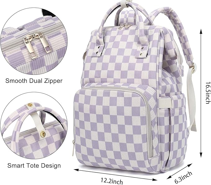 Laptop Backpack for Women, Corduroy College School Backpack Bookbag 15.6 inch Business Computer Travel Backpack (Checkered Purple)