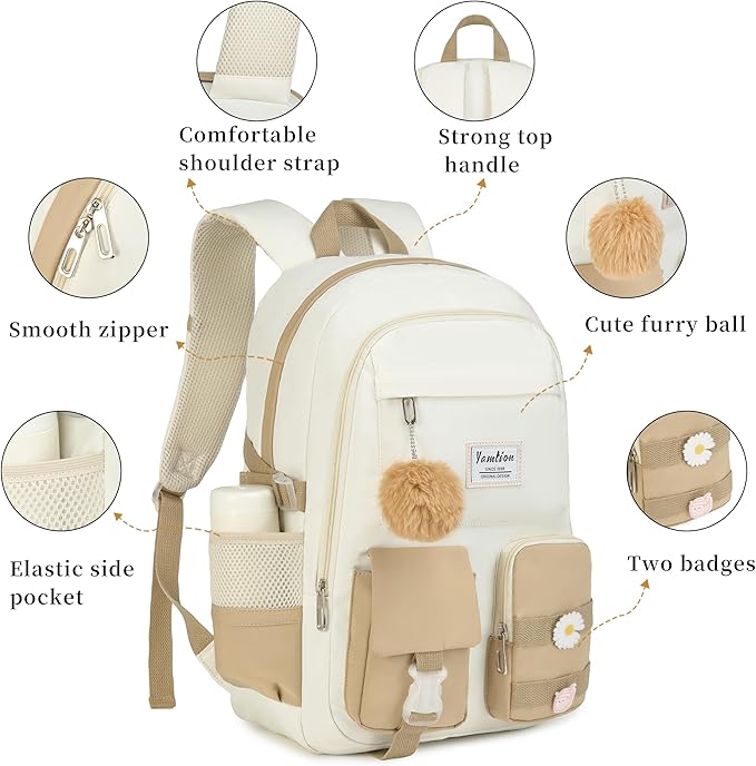 YAMTION School Backpack for Teen Girls,15.6in Laptop Backpack Kids Bookbag for Middle School College Students,Cute School Bag for Women (Khakibeige, Fits 15.6in PC)