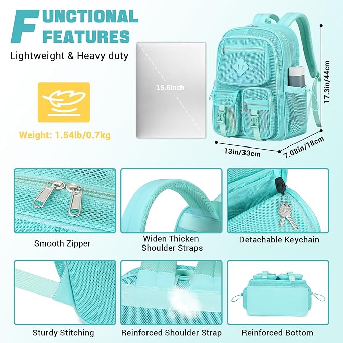 MOONBABY Mesh Backpack for School Heavy Duty See Through Net Bookbag Girls Boys Semi-Transparent Net Back Pack for Beach, Swimming, Sports, Work, Travel (Green)