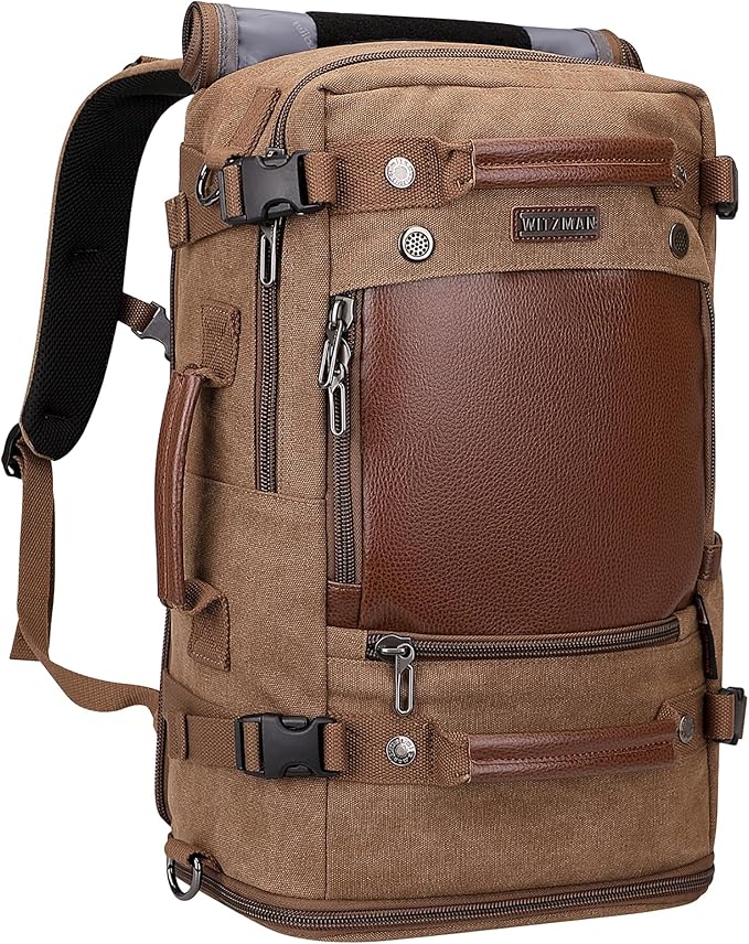 WITZMAN Travel Backpack for Men Women Carry on Luggage Backpack Canvas Rucksack Duffel bag with Shoe Compartment（A2020 Brown）