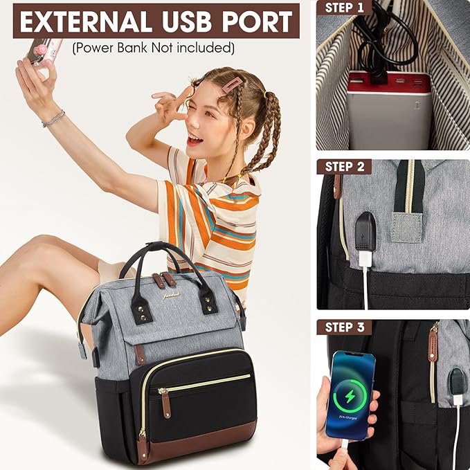 Laptop Backpack for Women Bag 15.6 Inch Work Business Backpacks Purse with USB Port Large Capacity Nurse Bag Backbag, Casual Daypack for Travel, Black-Grey-Brown