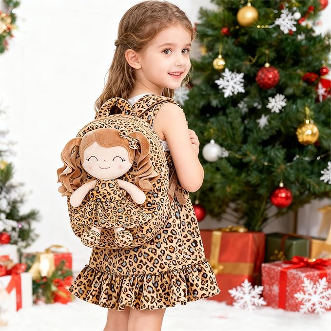 Gloveleya Toddler Backpack Baby Girl Gifts Curly Hair Plush Figures Dress Backpack Kids Backpack Curly Hair Spring Girl - White Leopard 9inches