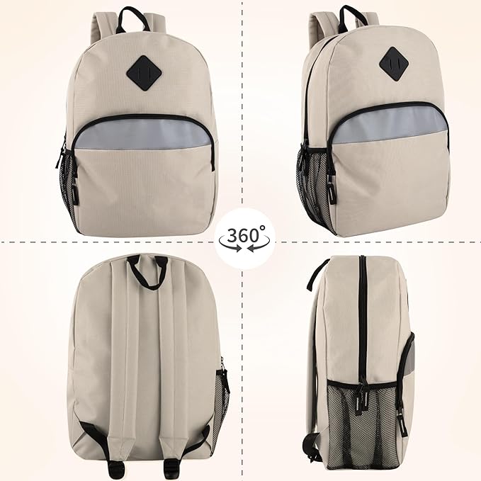 Trail maker Reflective School Backpack for Kids | Colorful Backpack with Adjustable Straps, Side Water Bottle Pockets (Khaki)