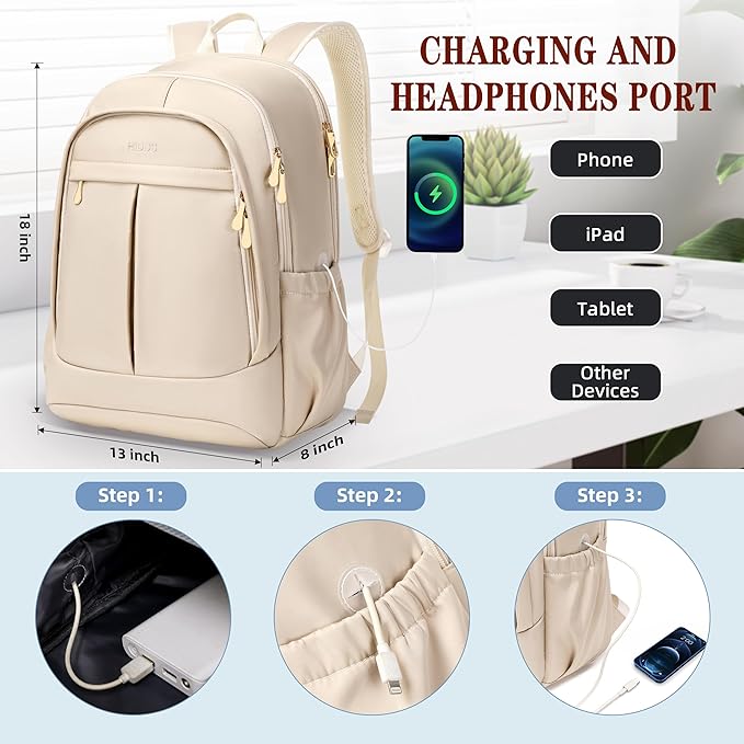 Hidds Travel Laptop Backpack for Women 15.6 Inch Computer Backpacks with USB Charging Hole Anti Theft Carry on Bag College Bookbag Large Back Pack for Work Business Travel Commuter Daypack-Champagne