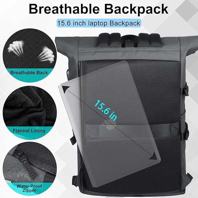 Rolltop Backpack for Men, Waterproof Travel Backpack with USB Charging Port, Large Capacity Adjustable18-27L Laptop Backpack for 15.6 Inch, Expandable Casual Daypack for Work Business College-Grey