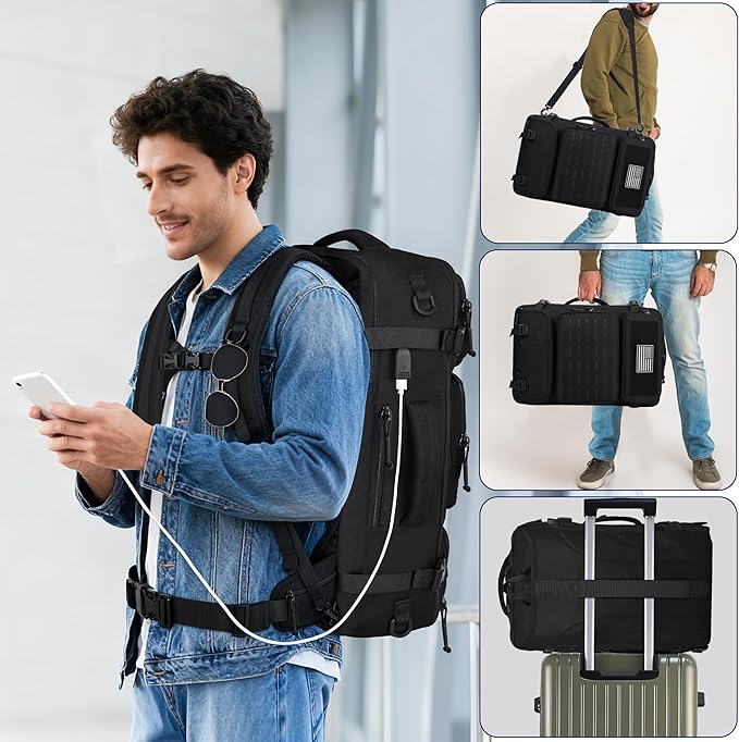 Mens Travel Backpack 40L, TSA Approved Carry On X-Large Backpack with USB Charging Port Durable Water-resistant Convertible Duffle Luggage Bag Large Weekender Bag Daypack Fits 17.3 Inch Laptop