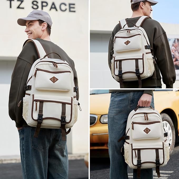 Laptop Backpack 15 -17 Inch for Women Men Large College Bookbag Elementary Middle High School Bag for Kids Teens Girls Boys Student Waterproof Travel Backpacks Book Rucksack Work Daypack Beige