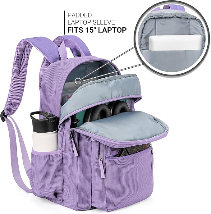 ZORFIN 26L Backpack for College, and Travel: Corduroy Bookbag - Deep Purple