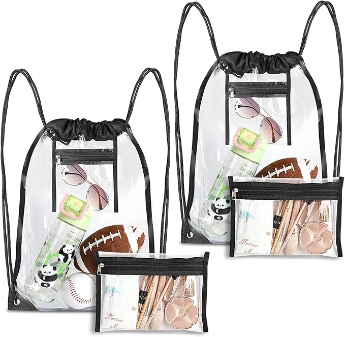Clear Drawstring Bags, Transparent Storage Backpack for Stadium Approved, 2 Sets, Concert Baseball Festival Beach Makeup Bag(2, Black)