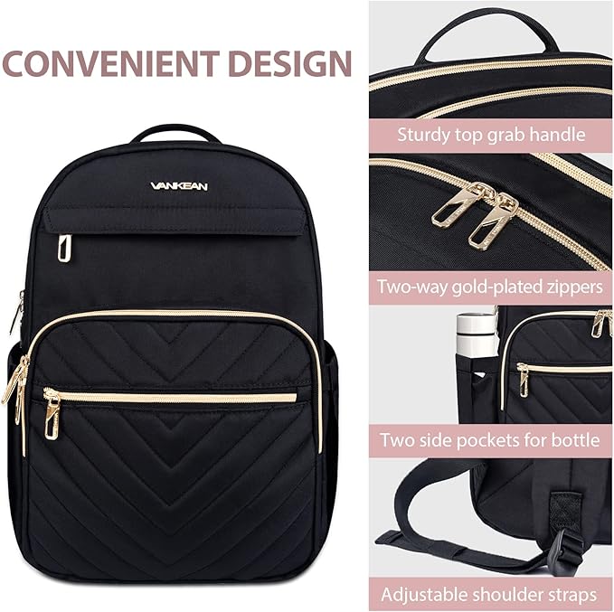 VANKEAN Laptop Backpack for Women with USB Port, Laptop Computer Bag Travel Backpack Purse,Waterproof Work Business Backpack College Teacher Bags, Black