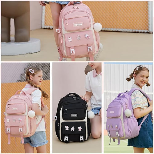 Backpack for Girls 3 PCS Cute School Backpacks Elementary Kids Book Bag with Lunch Box Pencil Case Set Laptop College Travel Back Pack Large Bookbags for Girl Teens Women Student Purple