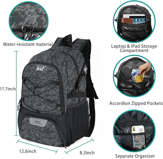 WOLT Basketball Backpack Large Sports Bag with Separate Ball Holder & Shoes Compartment, Best for Basketball, Soccer,Gym