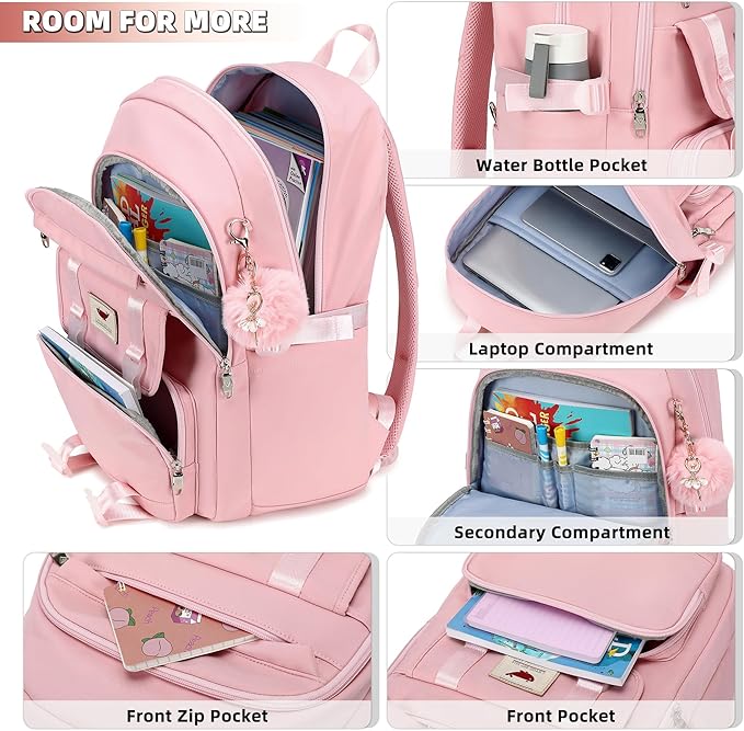 LXYGD 3 PCS Backpack for Teen Girls,Laptop Backpacks 15.6 Inch School Bag with Lunch Box Pencil Pouch Set for Students Aesthetic College Bookbag Travel Daypack(Pink)