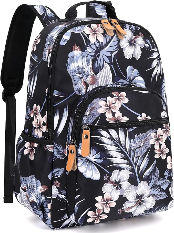 Leaper Water-resistant Floral Laptop Backpack Travel Bag Satchel (Leaves-Black)