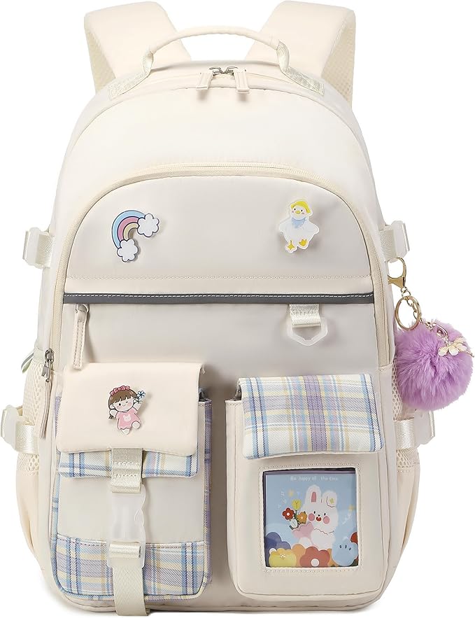 Backpack for Girls, 15.6 Inch Laptop School Bag Kids Kindergarten Elementary College Backpacks Large Bookbags for Teen Girl Women Students Casual Travel Daypacks (Beige)