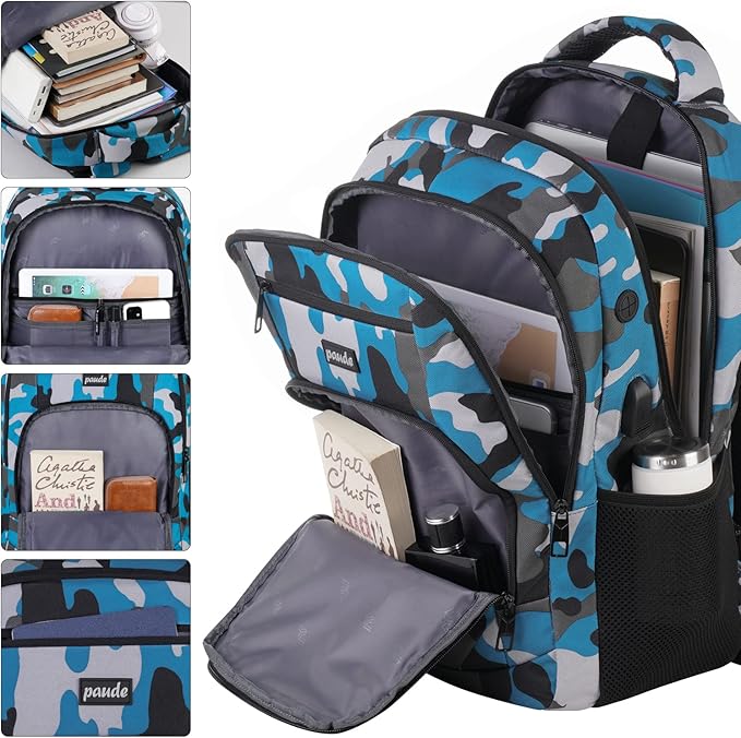 17 inch Backpack for Men,College Backpack School Bookbag for Teens,Travel Laptop Bookbag with USB Port and Headphone Hole,Camouflage Blue