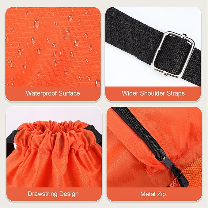 Drawstring Backpack, Gym Bag with Water Bottle Pocket, Waterproof String Backpack for Soccer, Basketball, Swim for Women Men (Orange)