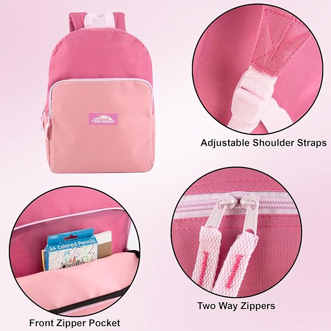 Color Block Backpacks for School Boys and Girls, 15 Inch Two Tone Colorful Small Travel Backpack for Kids (Pink)