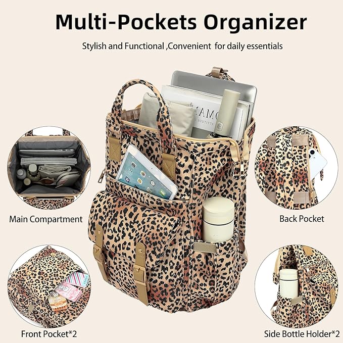 Corduroy Laptop Backpack for Women 15.6 Inch Stylish College School Bookbag, Business Work & Travel Computer Backpacks (Leopard Brown)