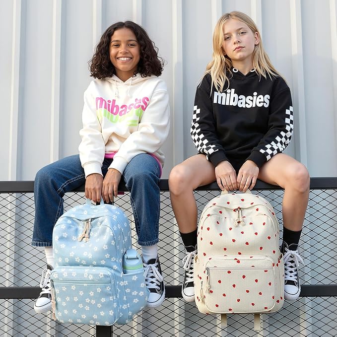 mibasies School Backpack for Girls with Laptop Sleeve: 18IN Large Capacity Corduroy Bookbag for Primary Middle School/College, Travel Daypack for Teens Women - Blue Flower