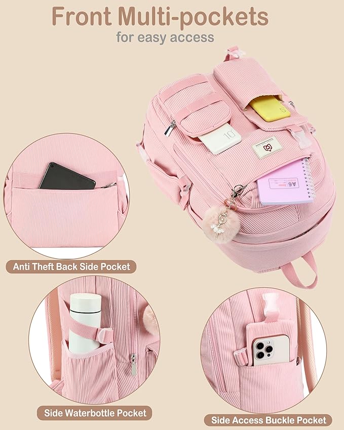 Hidds School Backpack for Teens Girls Women 15.6 Inch Laptop College Backpacks Corduroy Kids Bookbag Students Travel Daypack Womens (Pink)