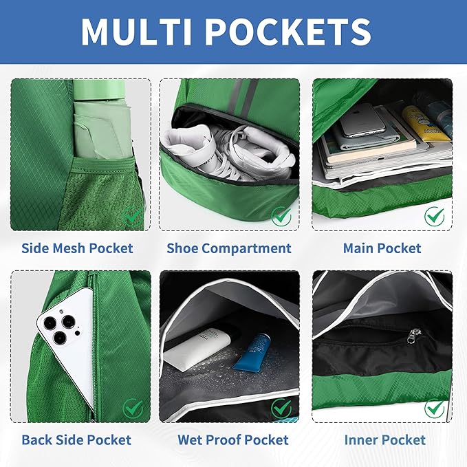 Drawstring Backpack Gym Bag with Shoes Compartment for Soccer, Basketball, Swim, Water-Resistant String Backpack Beach Cinch for Women Men, Dark Green