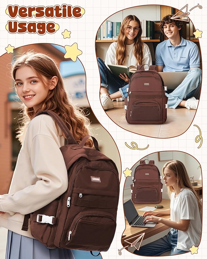 School Backpack for Teen Girls Boys Multi-pocket Middle School Bag Cute College Backpack for Women Men Elementary Student Bookbags Aesthetic Backpacks Casual Daypacks Coffee
